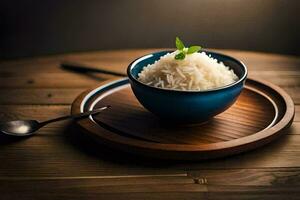 uma tigela do arroz em uma de madeira mesa. gerado por IA foto