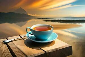 uma copo do chá em uma de madeira mesa com uma Visão do a lago. gerado por IA foto