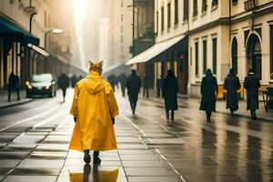 uma pessoa dentro uma amarelo capa de chuva caminhando baixa uma rua. gerado por IA foto