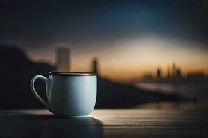 uma café copo senta em uma mesa dentro frente do uma cidade Horizonte. gerado por IA foto