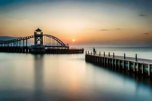 uma cais com uma ponte e uma farol às pôr do sol. gerado por IA foto