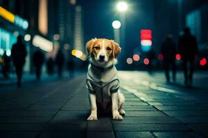 uma cachorro vestindo uma Jaqueta senta em a rua às noite. gerado por IA foto