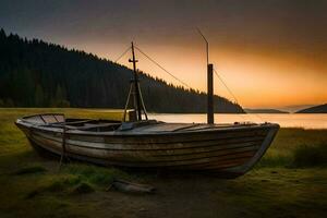 uma barco senta em a costa do uma lago às pôr do sol. gerado por IA foto