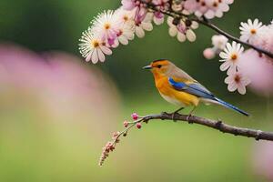 uma azul e laranja pássaro senta em uma ramo com Rosa flores gerado por IA foto