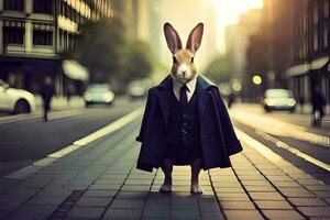 uma Coelho vestido dentro uma terno e gravata em pé em uma cidade rua. gerado por IA foto