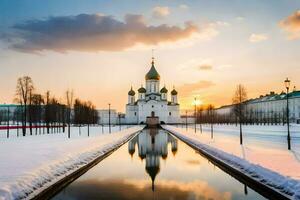 a kremlin às pôr do sol com a kremlin e a rio. gerado por IA foto