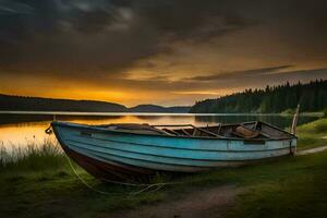 uma barco senta em a costa do uma lago às pôr do sol. gerado por IA foto