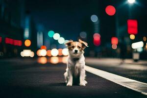 uma cachorro sentado em a rua às noite. gerado por IA foto