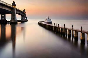 uma barco é ancorado debaixo uma ponte às pôr do sol. gerado por IA foto