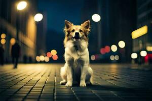 uma cachorro sentado em a rua às noite. gerado por IA foto