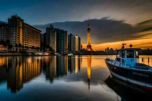 uma barco senta dentro a água perto uma cidade. gerado por IA foto