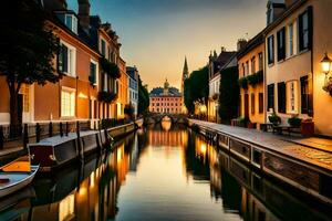 uma canal dentro uma cidade às pôr do sol com barcos e edifícios. gerado por IA foto