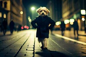 uma cachorro dentro uma casaco caminhando baixa uma rua às noite. gerado por IA foto