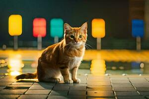 uma gato sentado em a terra dentro frente do uma piscina. gerado por IA foto