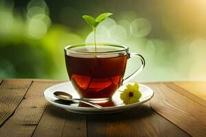 uma copo do chá com uma verde plantar em uma de madeira mesa. gerado por IA foto