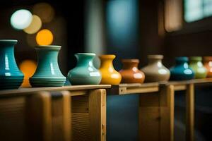 uma linha do colorida vasos em uma de madeira prateleira. gerado por IA foto
