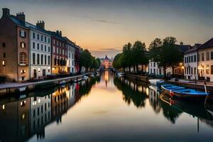 uma canal dentro a meio do uma cidade às pôr do sol. gerado por IA foto