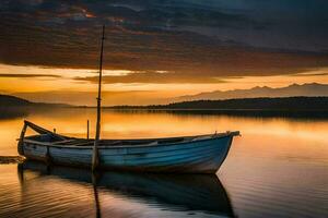 uma barco senta em a água às pôr do sol. gerado por IA foto