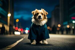 uma cachorro vestindo uma casaco em a rua às noite. gerado por IA foto