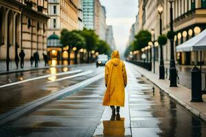 uma pessoa dentro uma amarelo capa de chuva caminhando baixa uma rua. gerado por IA foto