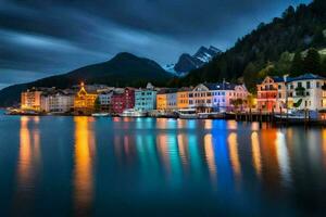 colorida edifícios estão refletido dentro a água às noite. gerado por IA foto