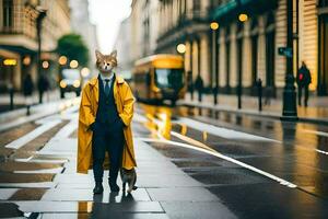 uma Raposa dentro uma amarelo casaco e terno em pé em uma molhado rua. gerado por IA foto