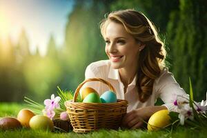 uma mulher é sentado em a Relva com uma cesta do ovos. gerado por IA foto