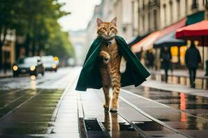 uma gato vestindo uma capa anda em baixa uma rua. gerado por IA foto
