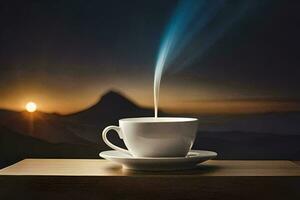 uma copo do café em uma mesa com uma montanha dentro a fundo. gerado por IA foto