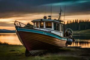 uma barco senta em a costa às pôr do sol. gerado por IA foto