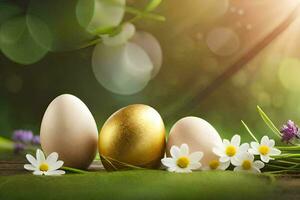 três dourado ovos e margaridas em uma verde fundo. gerado por IA foto