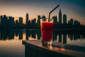 uma vidro do suco com uma cidade Horizonte dentro a fundo. gerado por IA foto