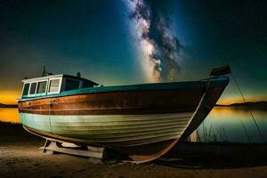 uma barco senta em a costa às noite com a leitoso dentro a fundo. gerado por IA foto