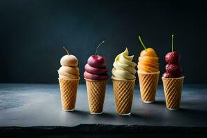 cinco gelo creme cones com diferente sabores em uma Preto fundo. gerado por IA foto