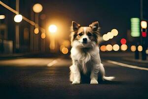 uma cachorro sentado em a rua às noite. gerado por IA foto