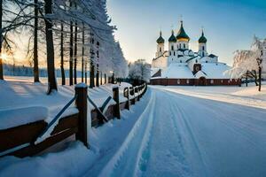uma Nevado estrada conduz para uma Igreja dentro a inverno. gerado por IA foto