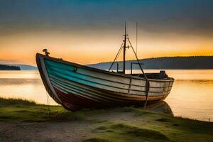 uma barco senta em a costa às pôr do sol. gerado por IA foto