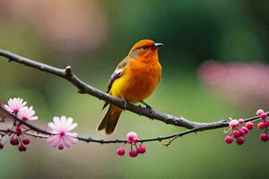 uma pequeno laranja pássaro senta em uma ramo com Rosa flores gerado por IA foto