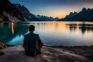 uma homem sentado em a costa do uma lago às pôr do sol. gerado por IA foto