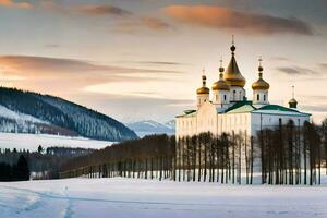 uma Igreja dentro a neve com árvores e montanhas dentro a fundo. gerado por IA foto