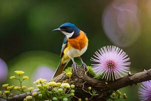 uma colorida pássaro senta em uma ramo com roxa flores gerado por IA foto