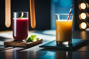 dois óculos do suco sentar em uma mesa. gerado por IA foto