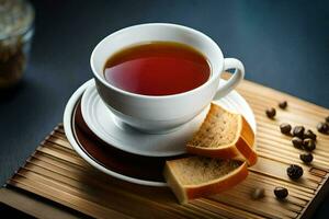 uma copo do chá com uma fatia do pão. gerado por IA foto