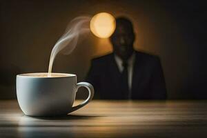 uma homem dentro uma terno é sentado dentro uma café copo. gerado por IA foto