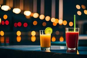 dois óculos do suco e uma Lima em uma mesa dentro frente do uma cidade Horizonte. gerado por IA foto