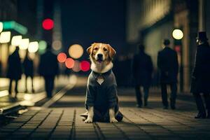 uma cachorro dentro uma terno sentado em uma rua às noite. gerado por IA foto