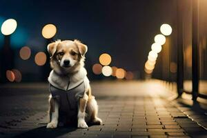 uma cachorro sentado em uma calçada às noite. gerado por IA foto