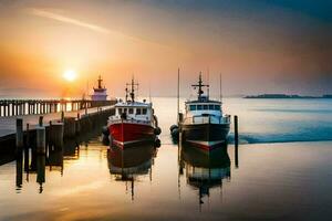 dois barcos ancorado às a cais às pôr do sol. gerado por IA foto