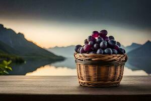 uvas dentro uma cesta em uma mesa. gerado por IA foto