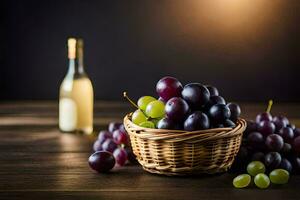 uvas dentro uma cesta e uma garrafa do vinho em uma de madeira mesa. gerado por IA foto